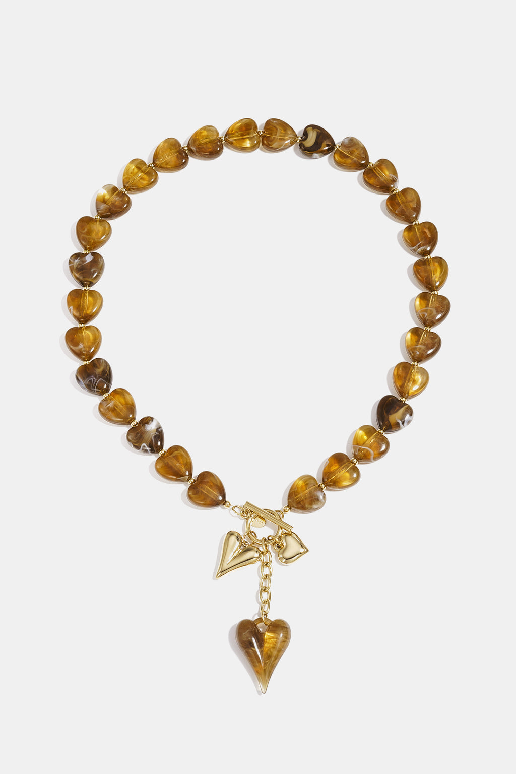 Kralenketting met hangende hartbedeltjes - bruin